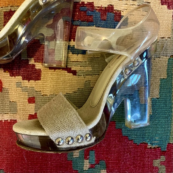 PRADA SP10 Clear PVC Platform Heels Beige Burlap Raffia Strap, sz 38.5 - Picture 6 of 13